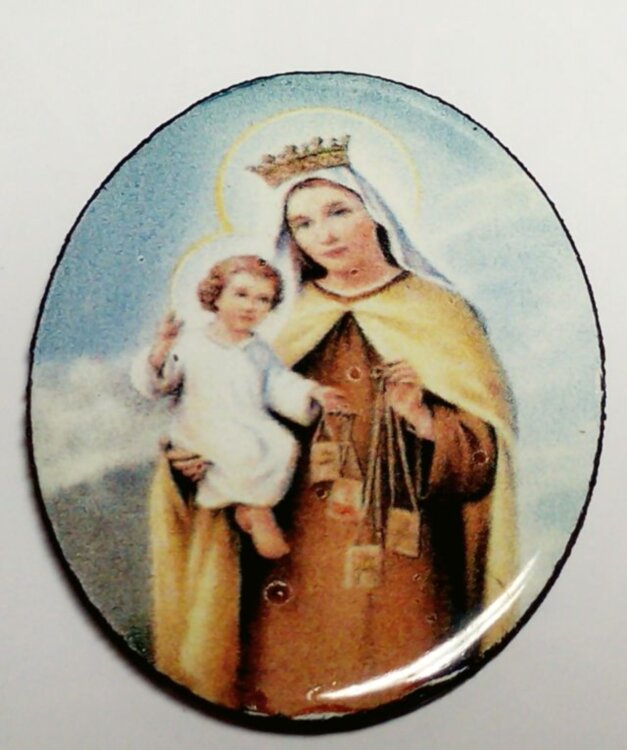 Tűzzománc medál koronás Szűz Anyával, integető kisdeddel, keret nélkül.