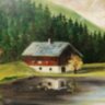 Tiroli tájkép erdei tóval, és házikóval, szignált festmény Ausztriából.