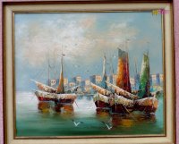 Mediterrán kikötő halász vitorlásokkal, és sirályokkal, keretezett impresszionista festmény