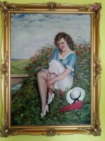 Mezei virágok között pihenő ifjú hölgy, antik olaj-vászon festmény, Illencz Lipót alkotása