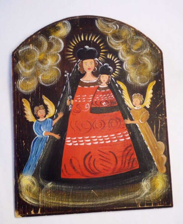 Szűzanya a kis Jézussal, és angyalokkal modern újraértelmezésben. Deszkára festett kép.