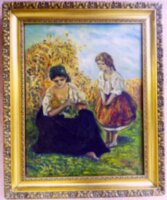 Gyermekét szoptató anya impresszionista stílusú olaj-vászon festmény Németországból.