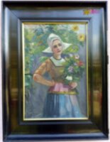 Hölgy csokorral biedermeier stílusú keretezett antik festmény Nyíry Tamás szignóval.