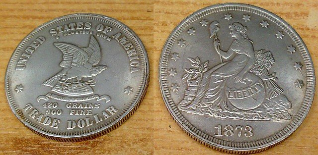 Amerikai Trade Dollar 1873, ezüstözött kópia, gyűjteménybe való darab.