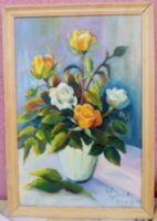 Sárga, és fehér rózsák. Virágcsendélet Bőm Gabriella kortárs művész festménye.