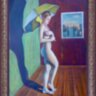 Pucér hölgy napernyővel, Modern impresszionista festmény. Kagyerják Attila Tamás alkotása.