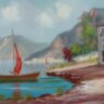 Napfényes tengerpart Itáliából, halászbárkákkal, és jellegzetes épületekkel, szignált festmény.