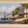 Napfényes tengerpart Itáliából, halászbárkákkal, és jellegzetes épületekkel, szignált festmény.