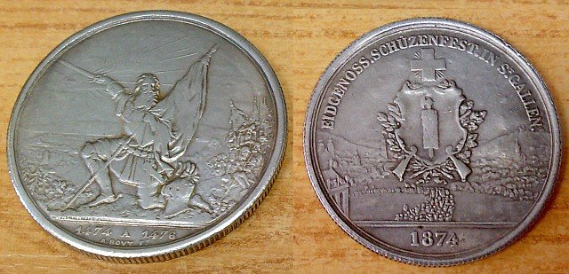 Svájci  5 talléros 1874, ezüstözött kópia.