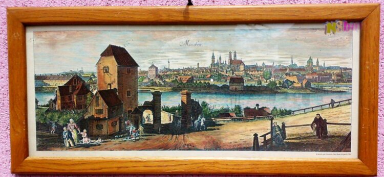 Német nagyvárosok látképei 16.-18. századi színes rézkarcokon, 9db. üvegezett, keretezett kép